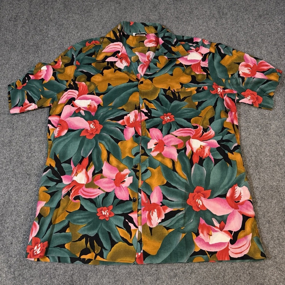 Hilo Hattie Men's XL Vibrant Pink Green Red Floral Hawaiian Shirt Vintage